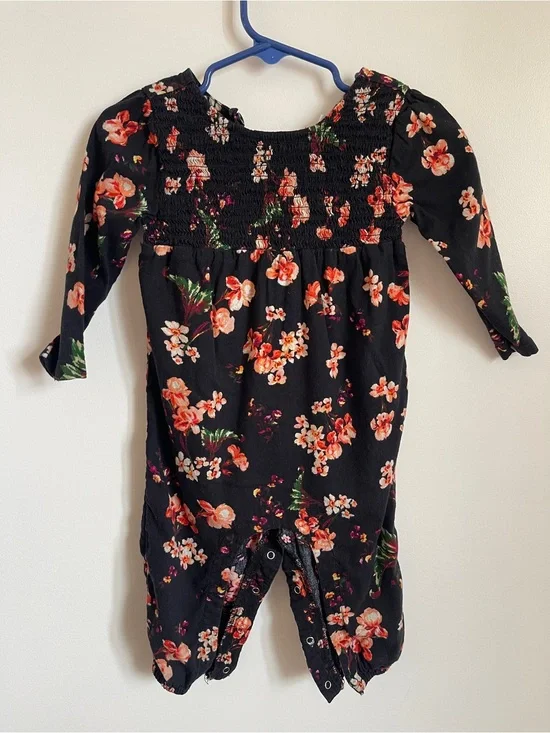 Old Navy Black Floral Smocked Baby Romper 12-18M