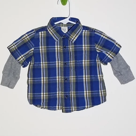 Old Navy Plaid Button Down Layered Polo 6-12m
