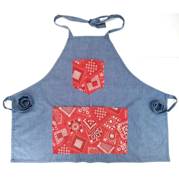 Vintage Handmade Denim Bandana Bib Apron 1970s Red 5 Pockets Handkerchief Adjust