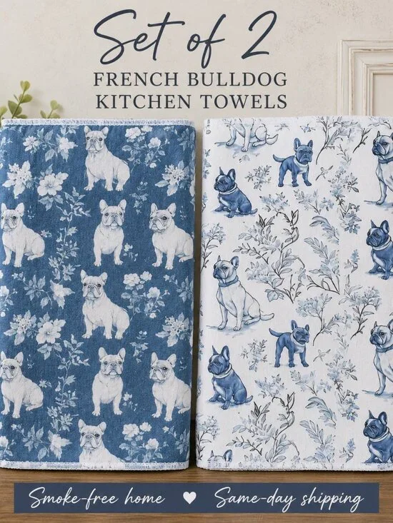 NWT French Bulldog Kitchen Towels Set of 2 Blue White Dog Floral Tea Towels