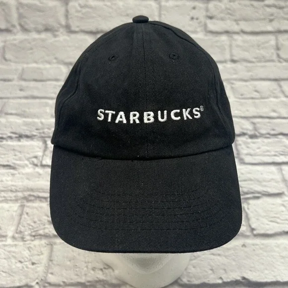 Starbucks Hat Black Employee Uniform Cap White Embroidered Spell Out  VERY CLEAN