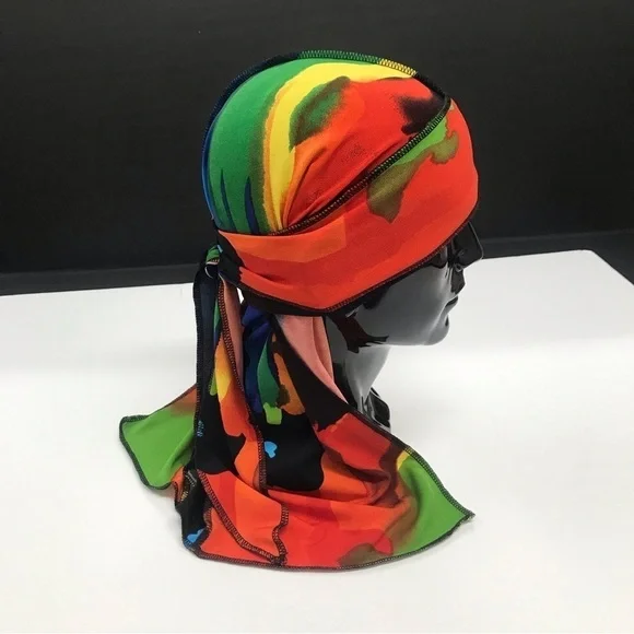 Jersey Durag Head Scarf Turban Multicolored Long Tail Stretch Wave Cap