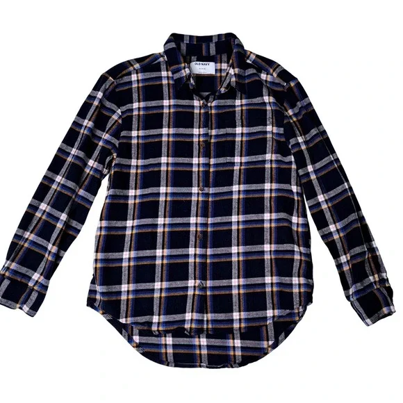 Old Navy Kids Plaid Button Down Shirt XL 14 16 Long Sleeve Navy Blue Casual