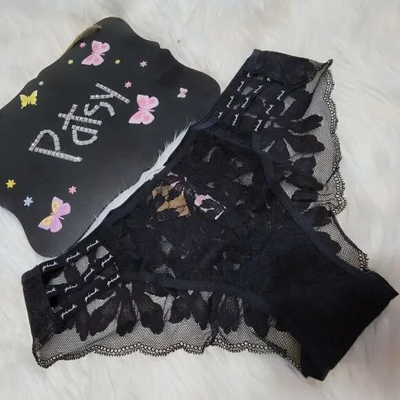 1368  MEDIUM Victoria's Secret Black Lace Strappy Cheekster   NWT