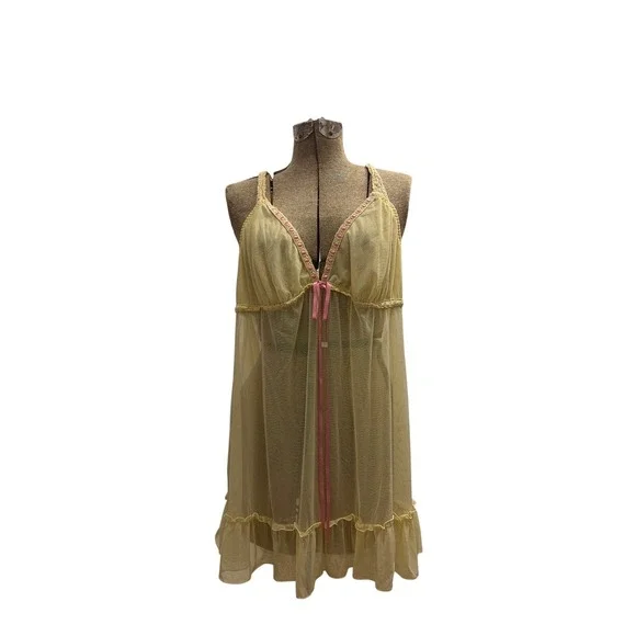 Babydoll Chemise Coquette Fairycore Cacique Women 18/20 Yellow Mesh Ruffle Trim