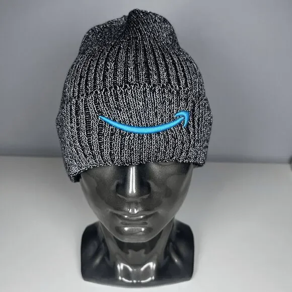 Amazon Beanie Hat One Size Black White Knit Warehouse Smile Logo