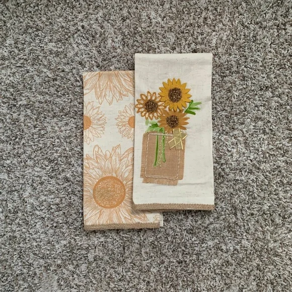 Tahari Pretty Sunflower Kitchen Towels Flower Embroidery Southern Decor Set of 2