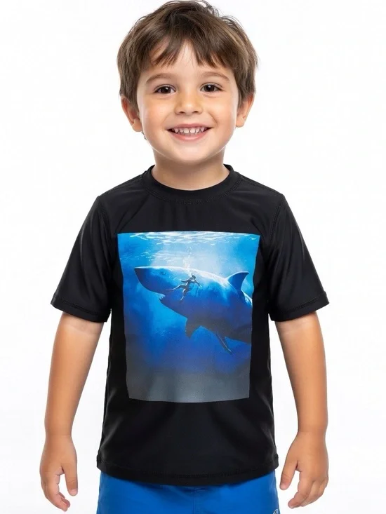 Old Navy Black Rashguard with Blue Shark Graphic