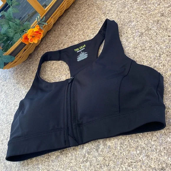Tek Gear Black Sports Bra Ultrastretch Large Zip Front