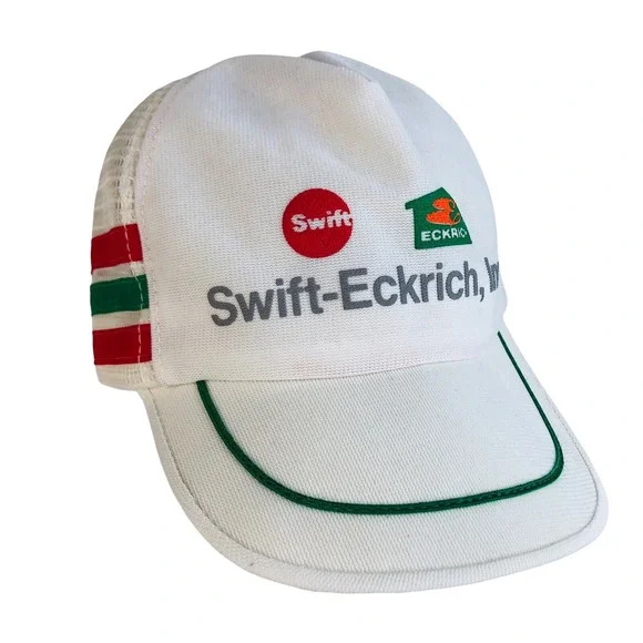 3 Stripe Trucker Hat Swift Eckrich Bars SnapBack Mesh Cap Made In USA White VTG