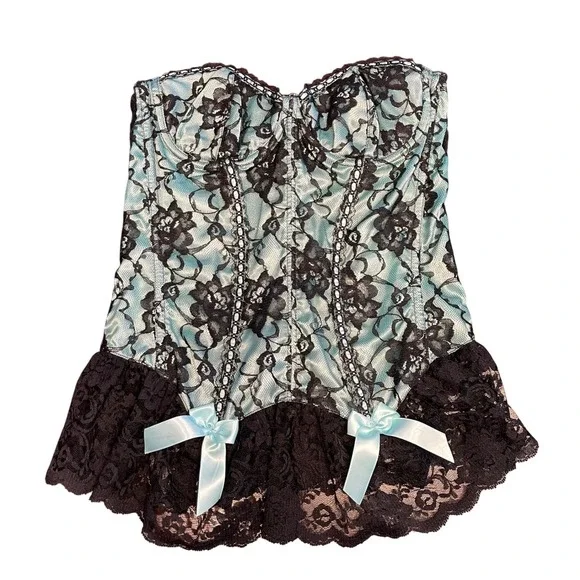 Fredericks of Hollywood Teal Black Lace Corset Bustier Sweetheart Bows Size 36‎