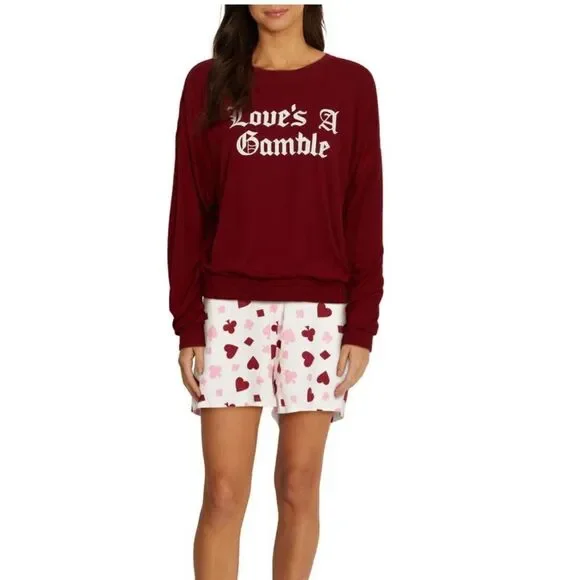 WILDFOX Love's a Gamble‎ Shorty Pajamas Set, 2 Piece, Red Hearts, XL, NWT