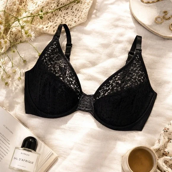 Chantelle Norah EasyFeel Black Floral Lace Unlined Underwire Bra 13F1 36C NEW