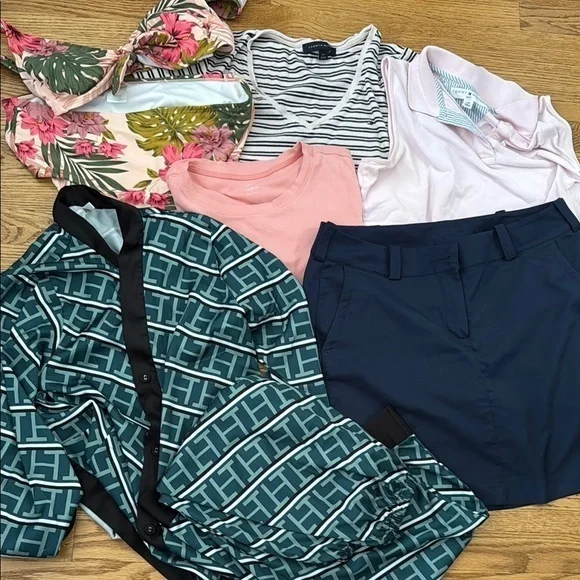 Patterned Green pj, bathing suit, sport tops and skirt bundle size M