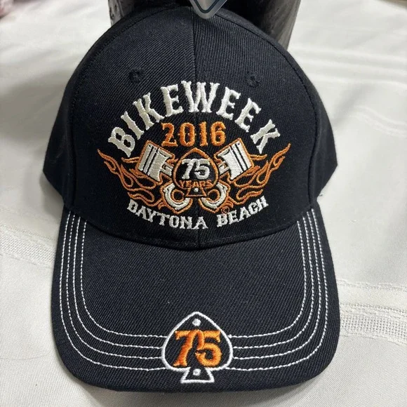 1 DAYTONA BEACH‎ BIKE WEEK HAT 2016 ADJUSTABLE TRUCKER HAT BLACK ORANGE 75 YEARS