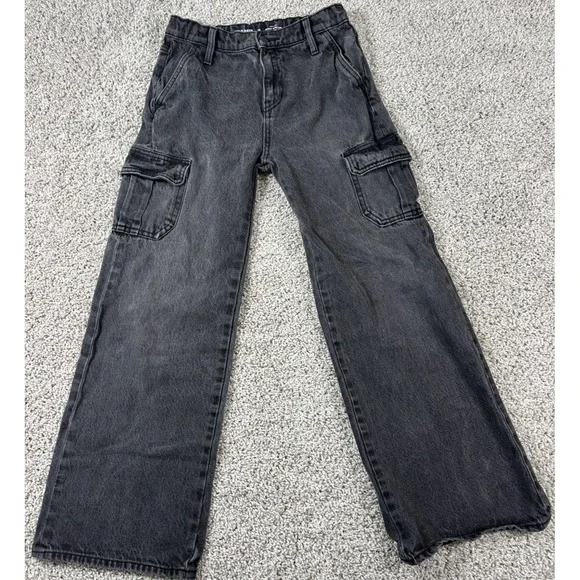 Old Navy Girls High Rise Baggy Wide Leg Cargo Jeans Black Denim Size 14
