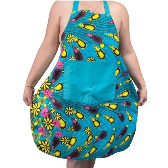 Handmade reversible African Wax Print Bib cook Apron Teal‎ Floral Ankara Pocket