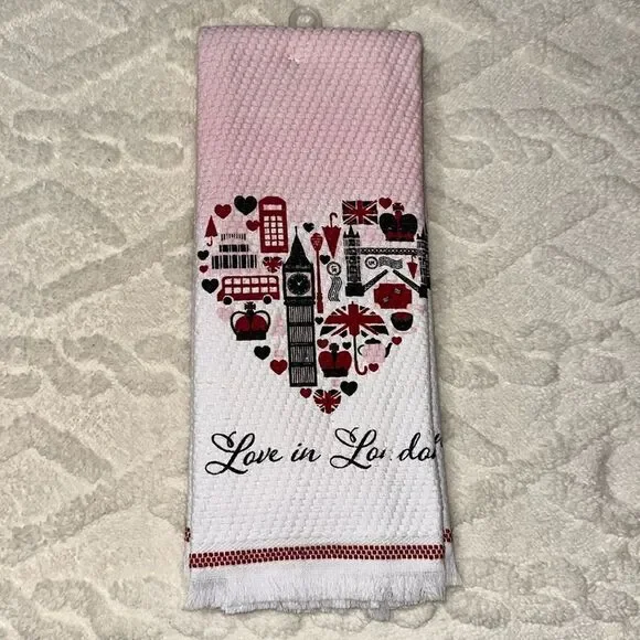T & C Love in London White Red Pink Black Cotton Kitchen Towels set of 2