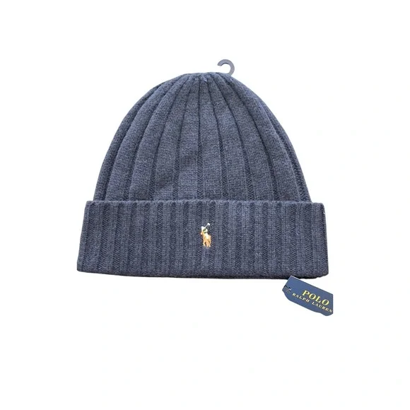 Polo Ralph Lauren‎ Mens Ribbed Wool Blend Beanie Hat Navy Pony Logo Preppy