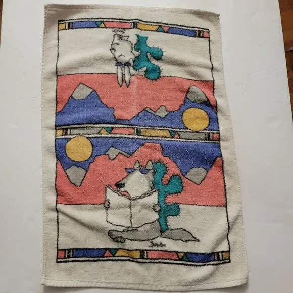 Vintage Sandra Boynton CECIL SAYDAH Santa Fe Hand Towel Coyote Wolf Rabbit 80s