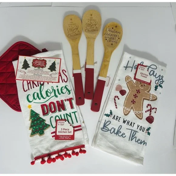 Christmas Tea Towel & Spatula Set Holiday‎ Baking Gingerbread Cookies 6 Pc Set