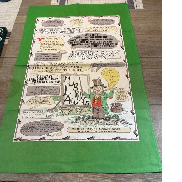 Vtg Murphy's Laws Irish Tea Towel Green Linen‎ Leprechaun Humorous Kitchen Decor