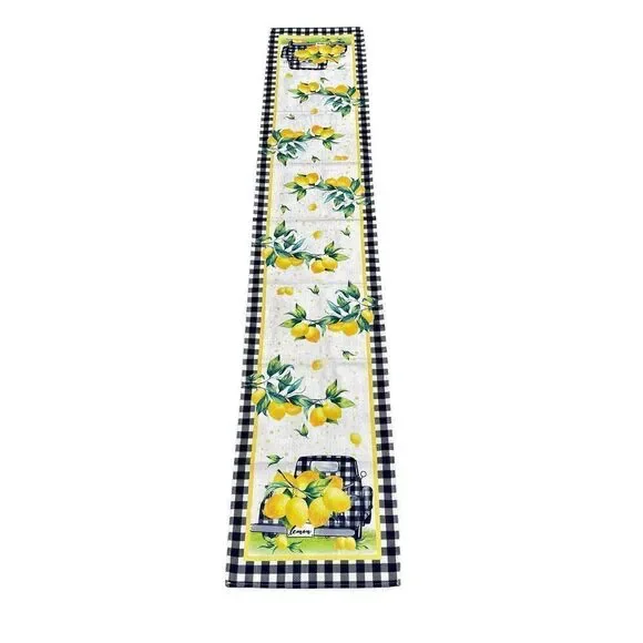 Meyer Lemons Gingham Black & White Border, Cottagecore Table Runner 65x13 in.