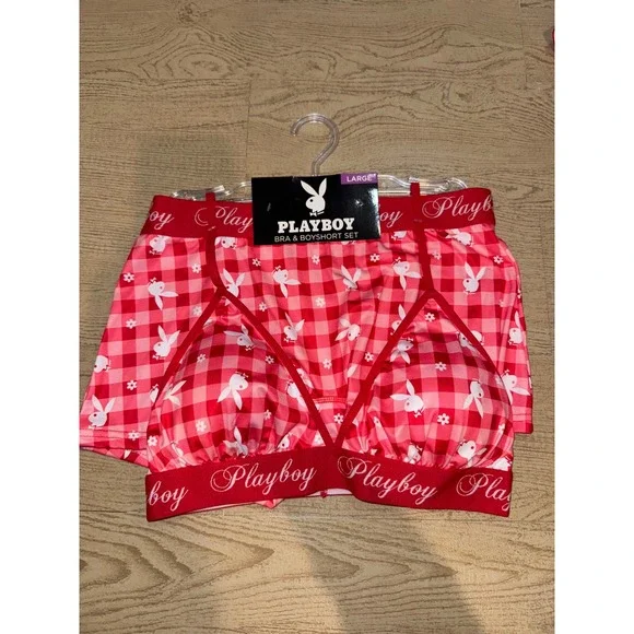 NWT Playboy Red Gingham Plaid Bra‎ and Boyshort Set size large