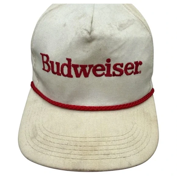 Vintage Budweiser Snapback Hat White Red Rope Trucker Cap Embroidered Logo