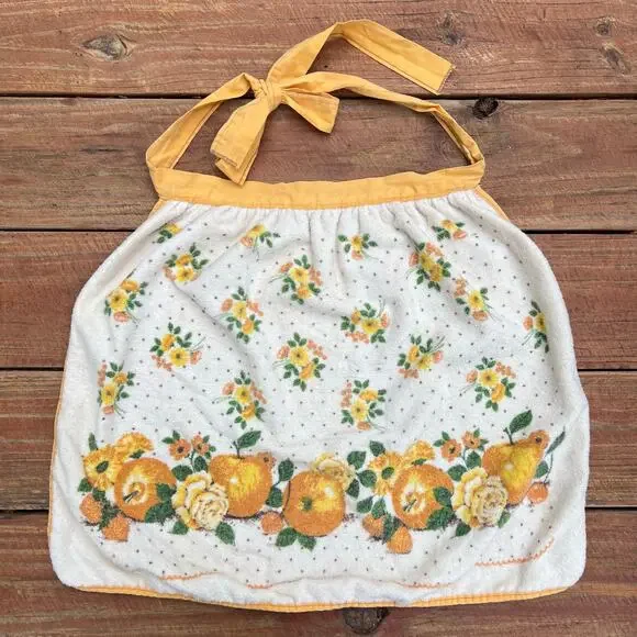 Vintage 70s Terrycloth Apron Fruit Floral Yellow Tie Back Retro Kitchen Hostess