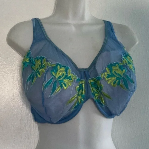 Cacique Sexy Sensual Sheer Embroidered Underwire Bra 44D Blue Yellow