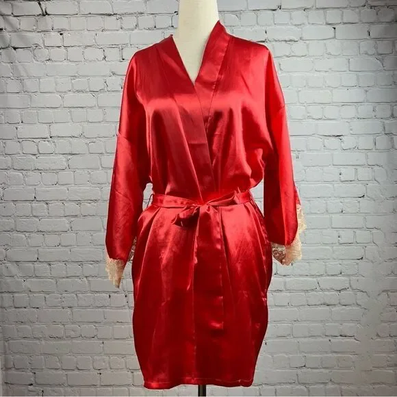 Fredricks of Hollywood Sexy Coral Satin Lace Trimmed Robe with Pockets & Belt