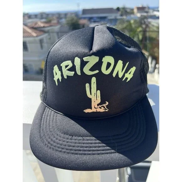 Vintage 80s black mesh trucker hat Arizona neon desert graphic streetwear