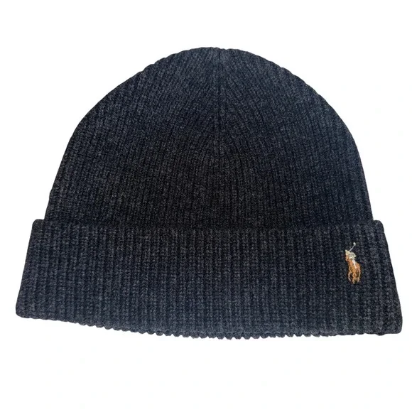 Polo Ralph Lauren Charcoal Grey 100% Merino Wool Ribbed Knit Beanie Hat OS