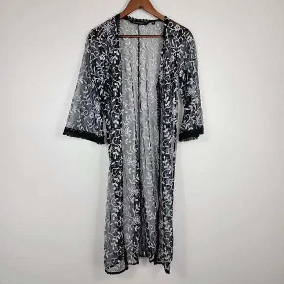 Colleen Lopez XS Duster Cardigan Kimono Embroidered Black White