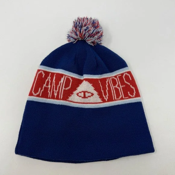 Poler Stuff Camp Vibes Beanie Blue Red White Pom Pom Knit Hat One Size