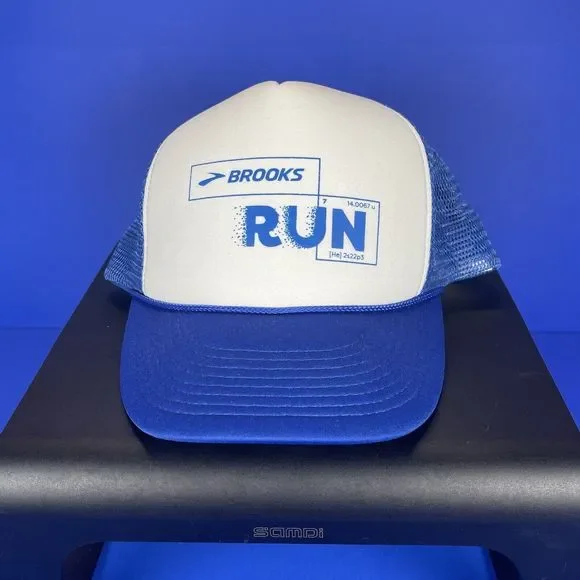 Brooks Run Cobra White Foam Blue Trucker Running Double Snapback Hat‎