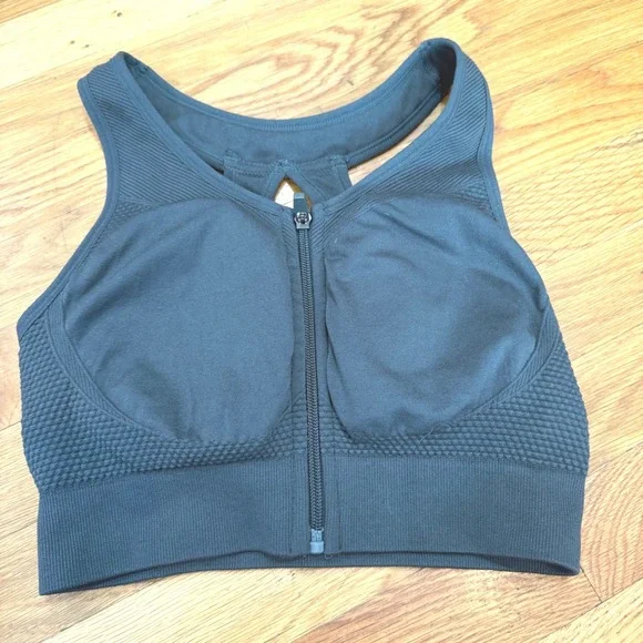 Vina Womens Front Zip Seamless Sports Bra Green Impact Racerback M