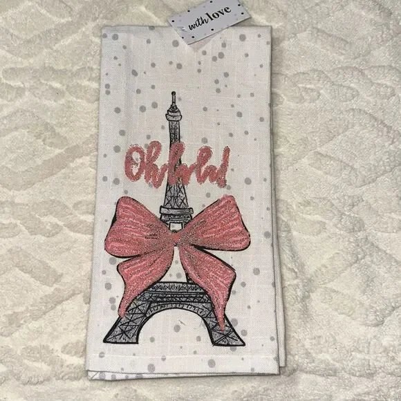 with LOVE Pink Ivory Black Metallic PARIS Eiffel Tower Cotton Kitchen Towel Set