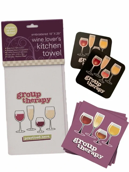 Group Therapy Wine Kitchen Set - Towel, Coasters & Napkins great hostess gift