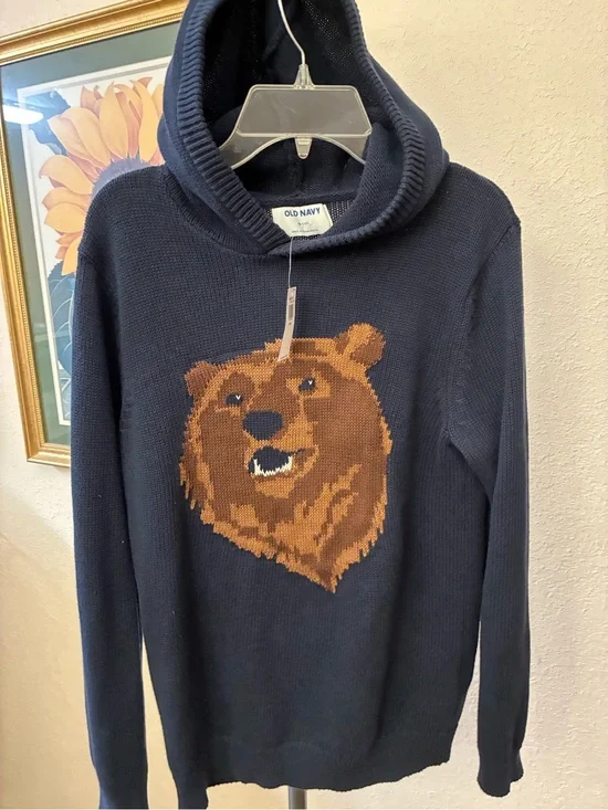 Old Navy Kids Navy Hooded Sweater with Brown Bear Motif