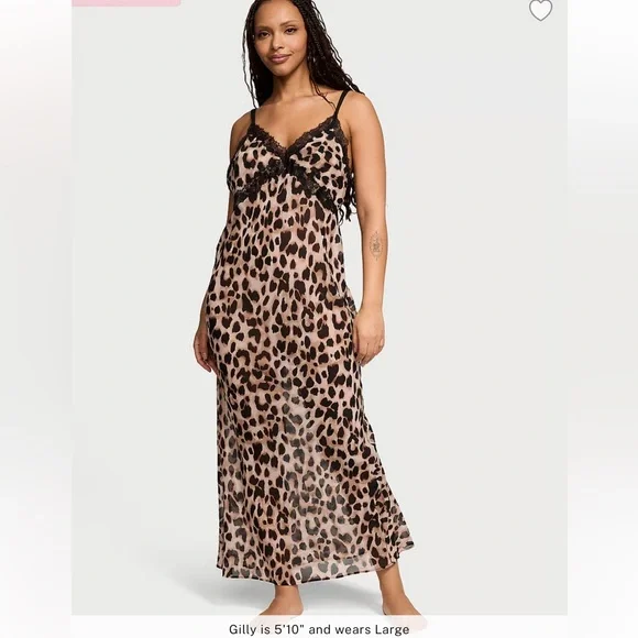 Victoria’s secret Leopard chiffon long Slip Dress with Black Lace size XL NWOT