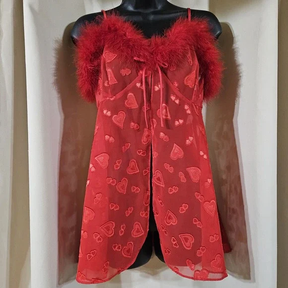Vintage Inner Most Babydoll Lingerie Embroidered Hearts Faux Feather Size Medium