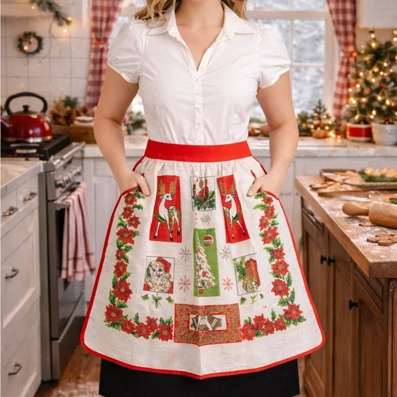 Vintage Linen Festive Red and White Apron Skirt Baking Holiday Christmas