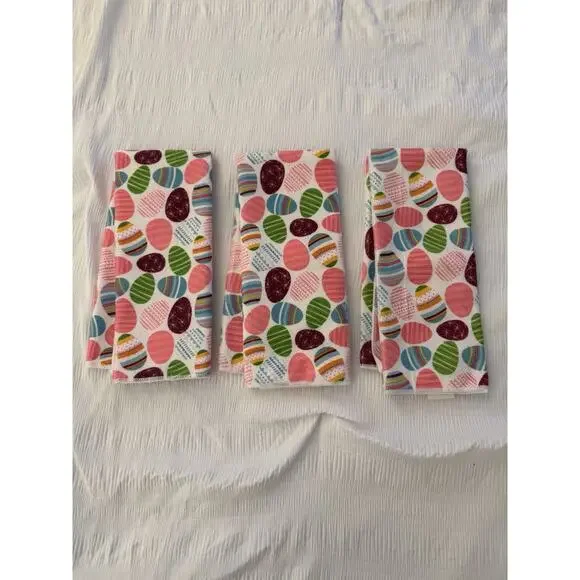 Lot of 3 Easter Dish Towels Egg Pink Multicolor Holiday Festive Home Kitchen
