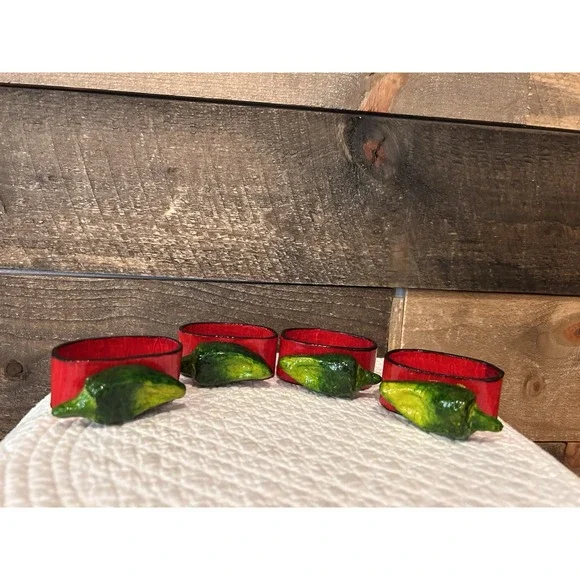 Set 4 Paper Mache Napkin Rings Peppers Chilies Fiesta Mexico‎ Theme