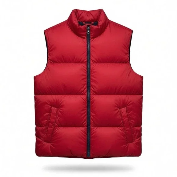 Old Navy Water-Resistant Puffer Vest Youth L Red with blue fleece‎ lining.