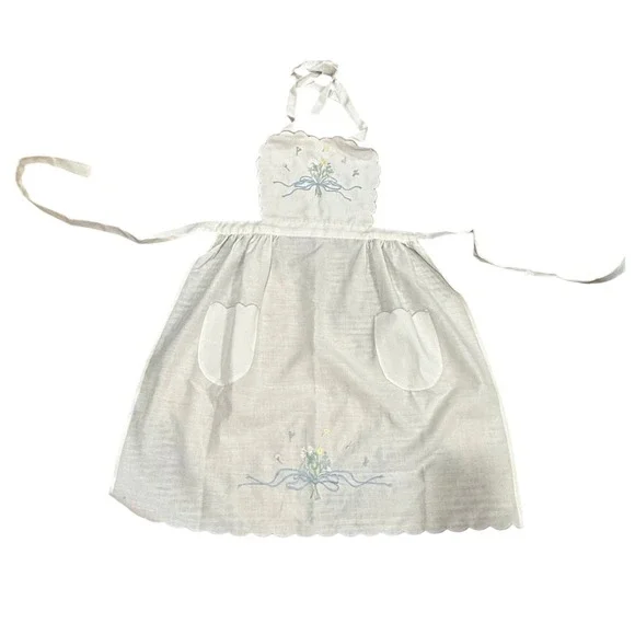 Vtg 1985 White Embroidered Floral Apron Scallop Edge Tulip Pockets Linen L/XL