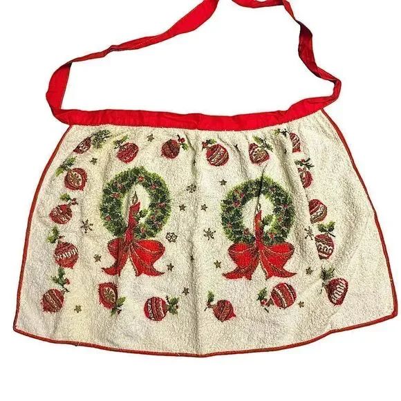 Vintage Mid Century Hostess Apron - Holiday Wreath design terry cloth