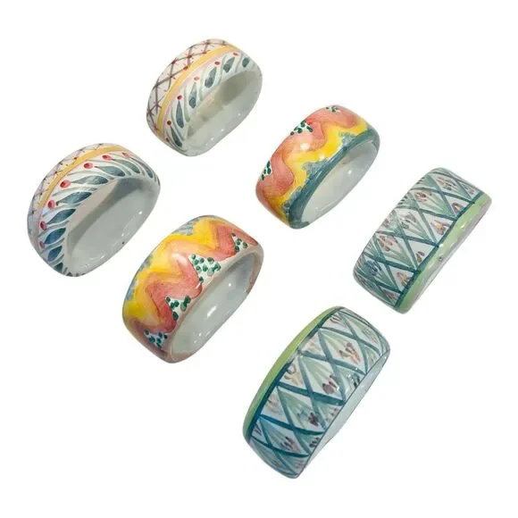 MacKenzie-Childs Vintage Napkin Rings Set 6 Hand Painted Mixed Patterns